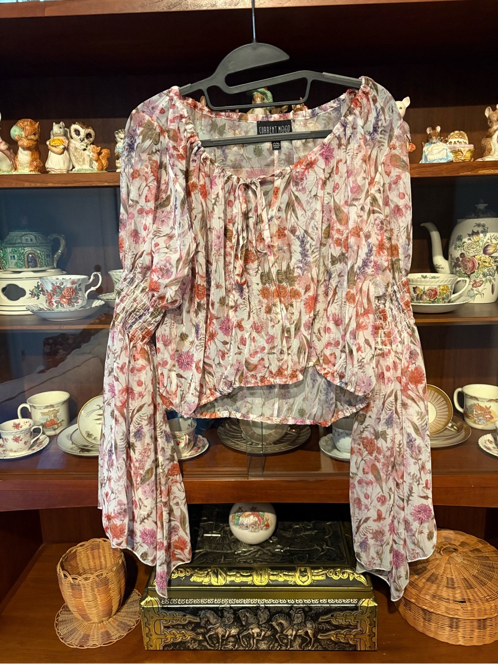 Current Mood Floral Tie-Front Peasant Blouse in Pink and Cream